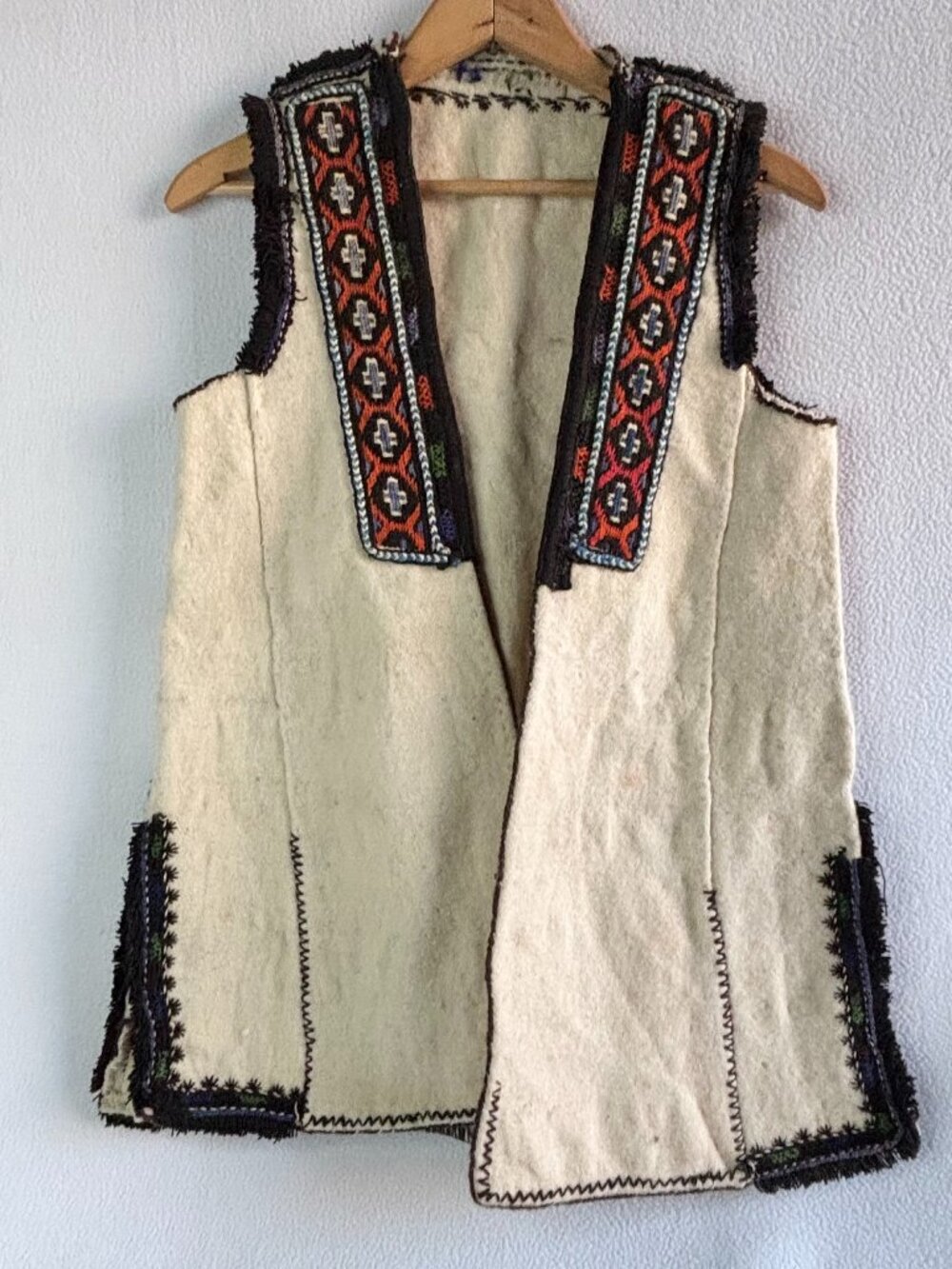 Vintage Macedonian Handmade White Wool Woven Embroidered Folk Vest